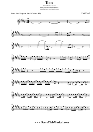 Pink Floyd Time score for Tenor Saxophone Soprano (Bb)