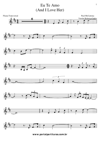 Roberto Carlos Eu Te Amo (And I Love Her) score for Flute