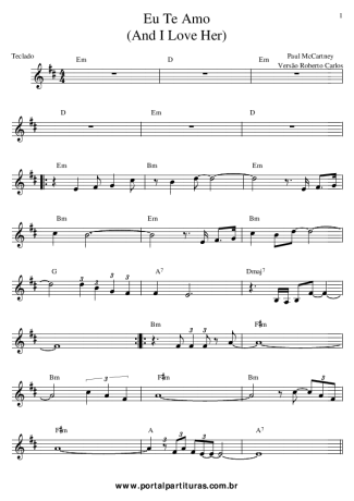 Roberto Carlos Eu Te Amo (And I Love Her) score for Keyboard