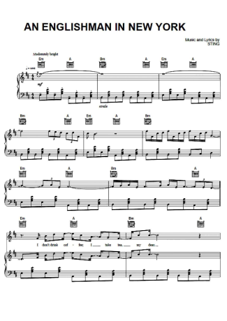 Sting An Englishman In New York score for Piano