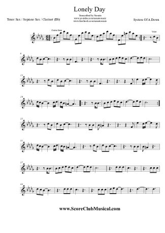 System Of A Down Lonely Day score for Tenor Saxophone Soprano (Bb)