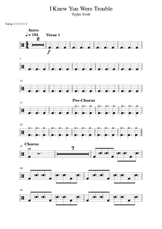 Taylor Swift I Knew You Were Trouble score for Drums