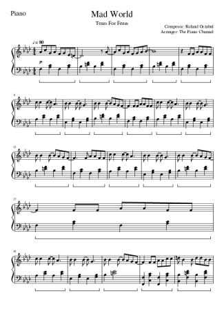 Tears For Fears Mad World score for Piano