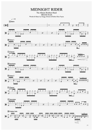 The Allman Brothers Band - Midnight Rider Midnight Rider score for Drums