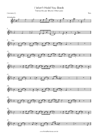 Toto I Won´t Hold You Back score for Clarinet (C)