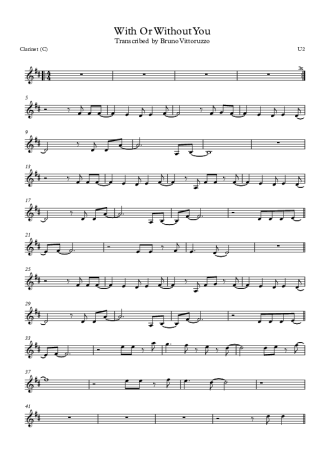 U2 With Or Without You score for Clarinet (C)